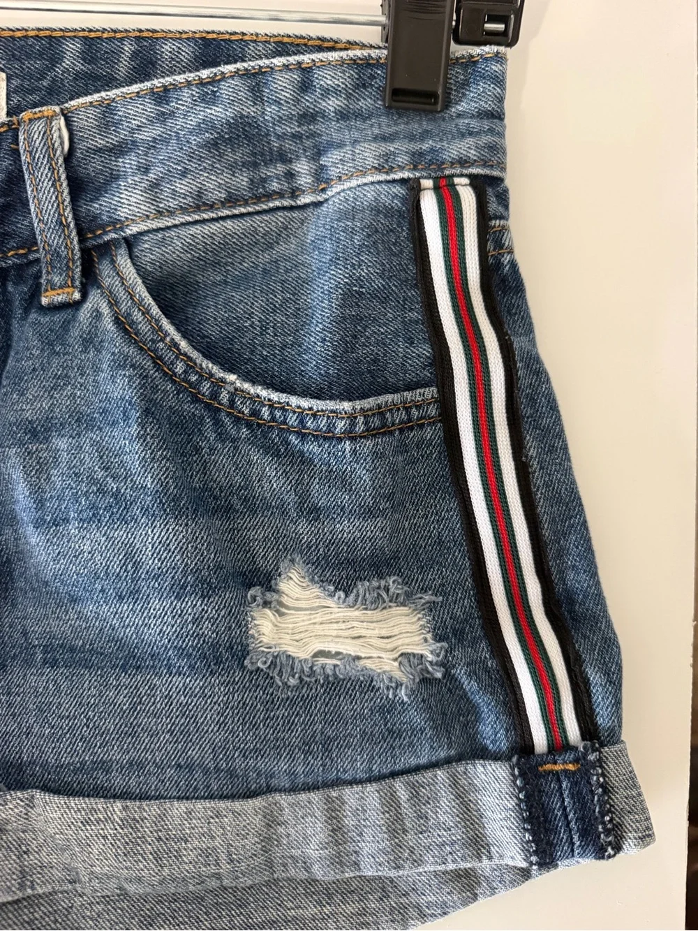 JBD High-Rise Distressed Denim Shorts in Blue with Stripe Detail size small
